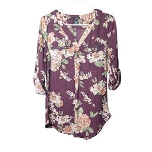 Rue21 Floral Mauve Pink Green Blouse 3/4 Sleeve Zipper Pockets Women's Small EUC